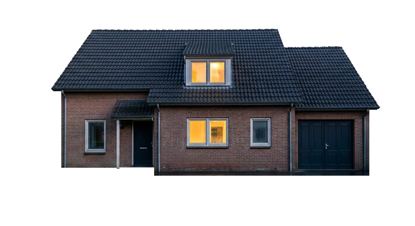 Woonhuis met pannendak en bakstenen gevel, vuil met mos en groene aanslag, dat schoon wordt waar u wijst en scrolt