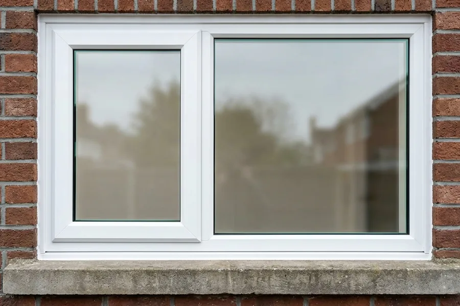 Nieuw kunststof kozijn in een bakstenen gevel, met isolerend glas