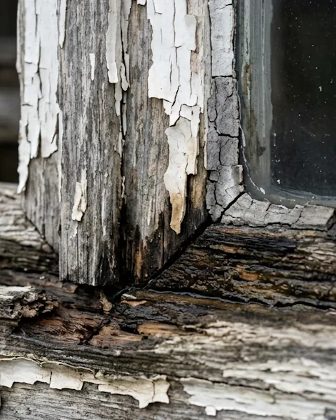 Oud houten kozijn met afbladderende verf en rot bij de dorpel