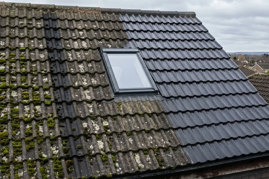 Pannendak, links begroeid met mos, rechts schoon en donker na reiniging